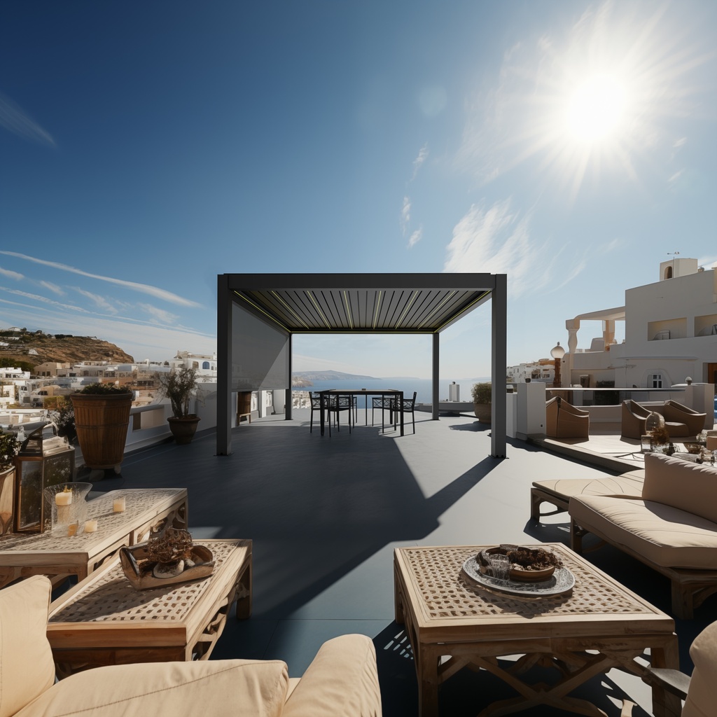 Pergola bioclimatica din aluminiu cu lamele rotative, MD-9700A 4065 x 5060 mm, h3023 RAL7016