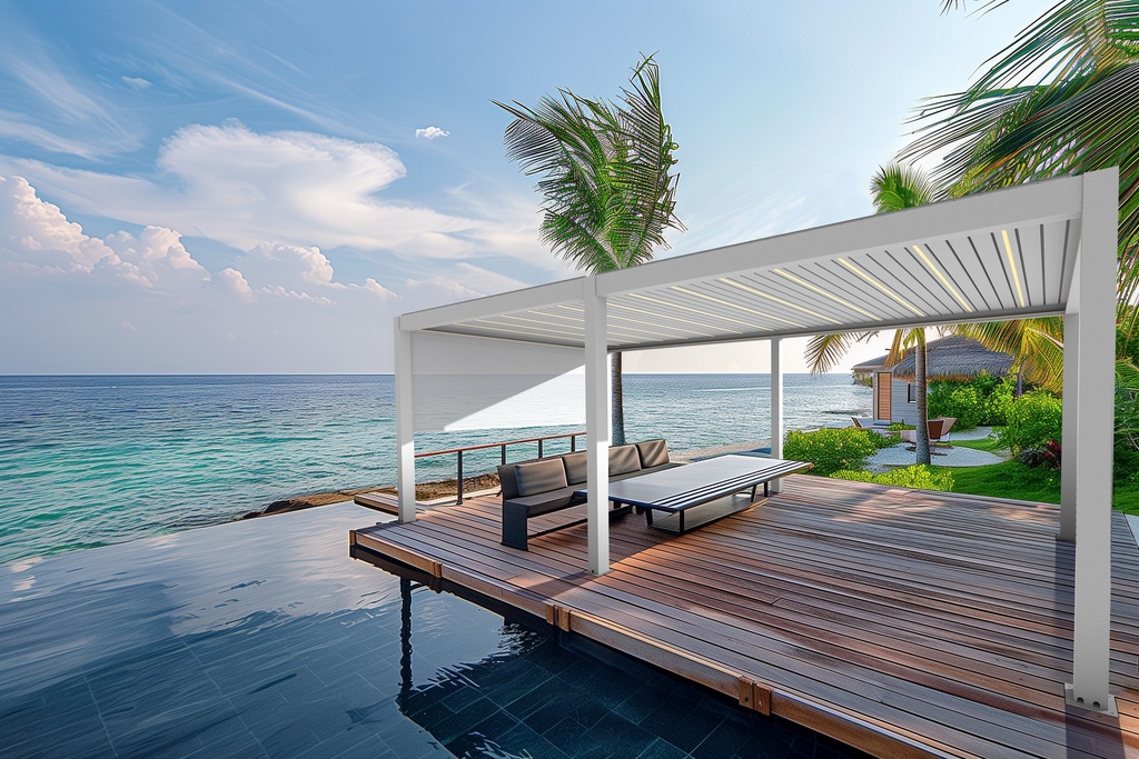 Pergola bioclimatica din aluminiu cu lamele rotative, MD-9700A 3024 x 5838 mm, h3023 RAL7016