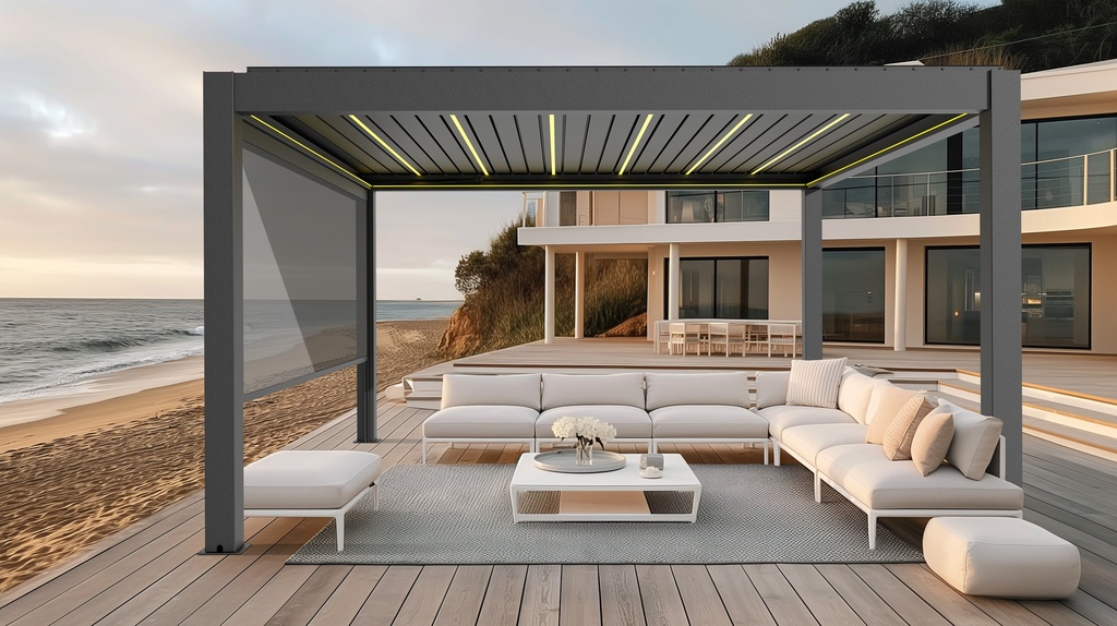 Pergola bioclimatica din aluminiu cu lamele rotative, MD-9700A 3024 x 4065 mm, h3023 RAL7016