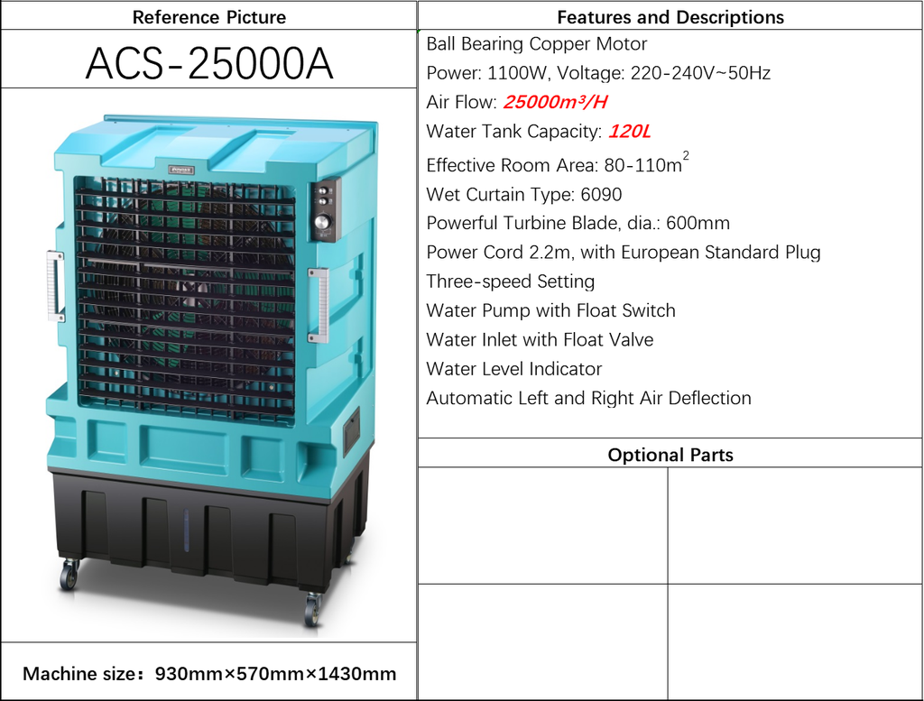 ACS-25000A Racitor de aer prin evaporare 80-110m2