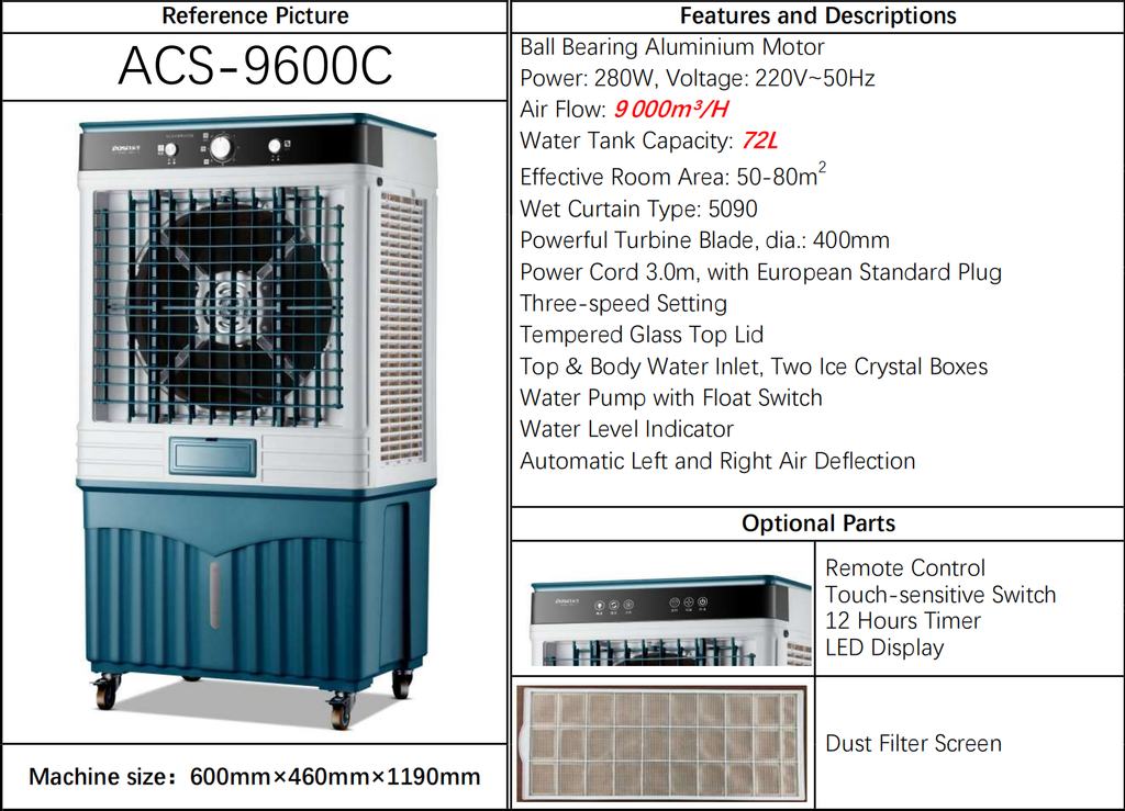ACS-9600C2 Racitor de aer prin evaporare 50-80m2