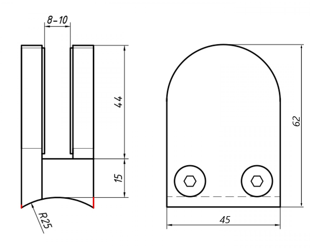 MD 512 SSS- Clema inox (62x45x26.5mm) fixare sticla-montant rotund 8-10mm