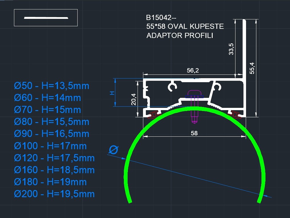MD 55x58 profil adaptor pentru sina inferioara si mana curenta