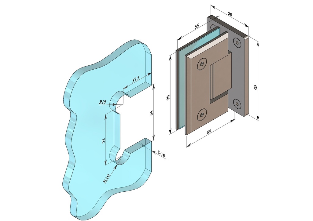 MD 301R SSS - Balama perete-sticla, talpă întreaga 90° cu REGLAJ