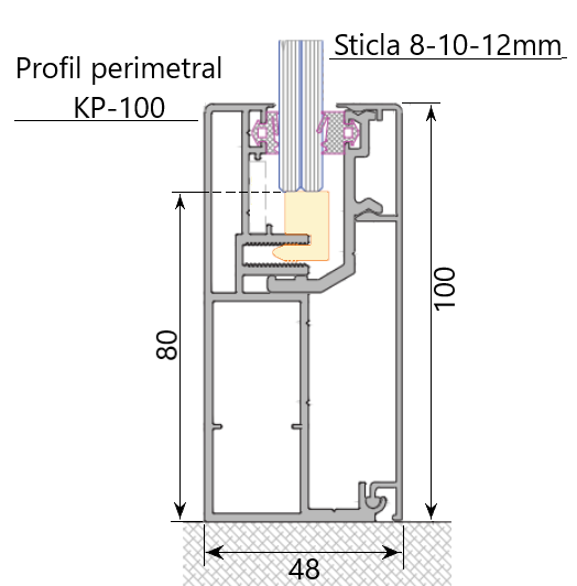 KP100 Garnitura cauciuc profil perimetral 100x44mm pt sticla 10mm, Negru