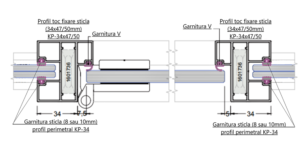 KP34 Garnitura cauciuc profil perimetral 30x34mm pt sticla 10mm, GRI