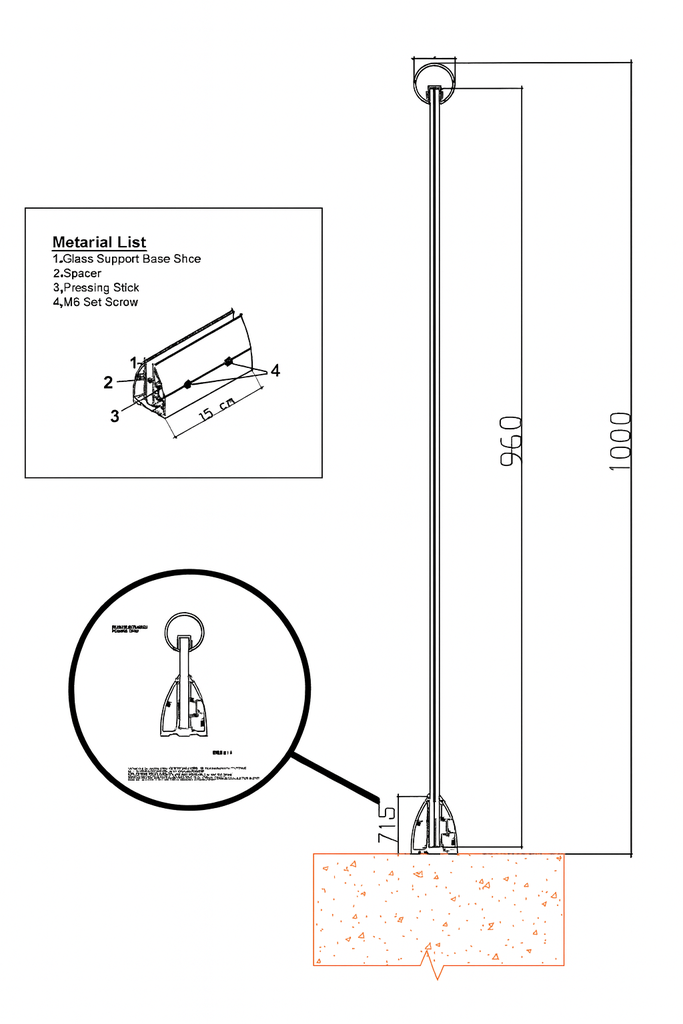 M40 Profil balustrada tip menghina cu fixare pe pardosea
