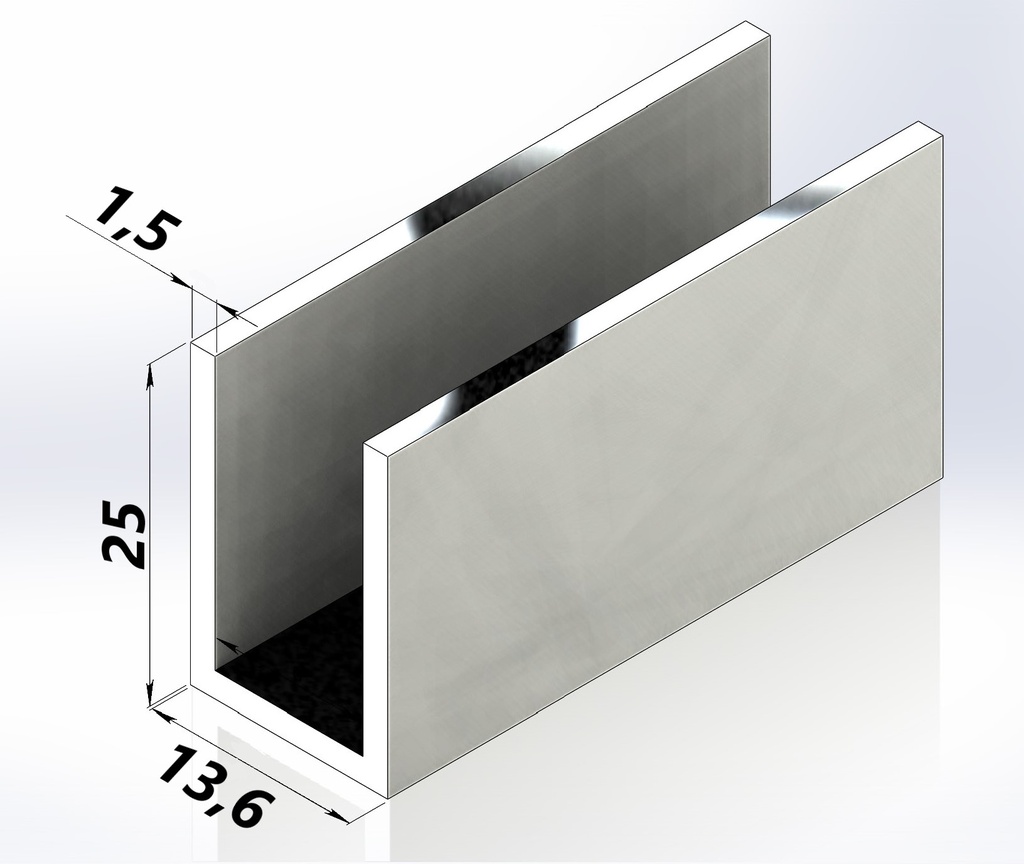 MD 13.6x25A PSS- Profil U aluminiu LUCIU 13.6x25mm x 1.7 (sticla 8-10mm)